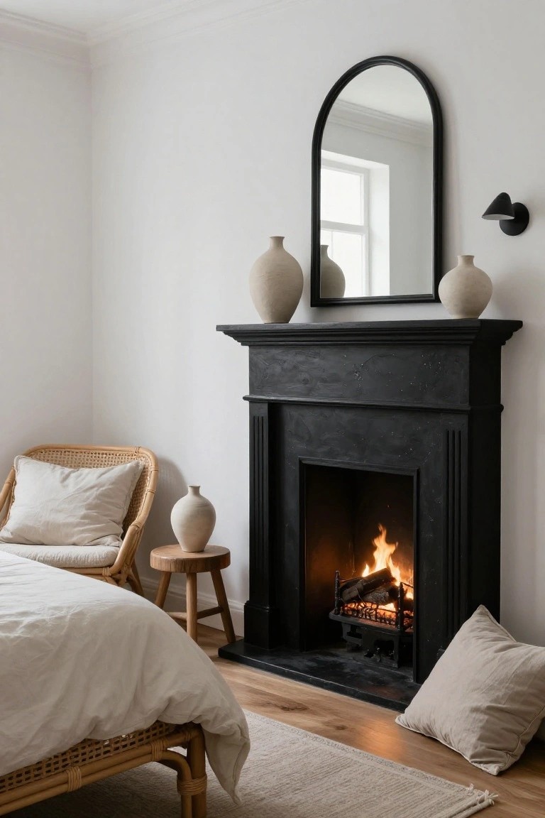 White bedroom corner with black arched mirror and wall light above a lit black stone fireplace mantel holding three beige ceramic vases, rattan chair on a wood stool next to a beige vase, rattan bed with white linens, beige pillows on wood floor with cream rug.