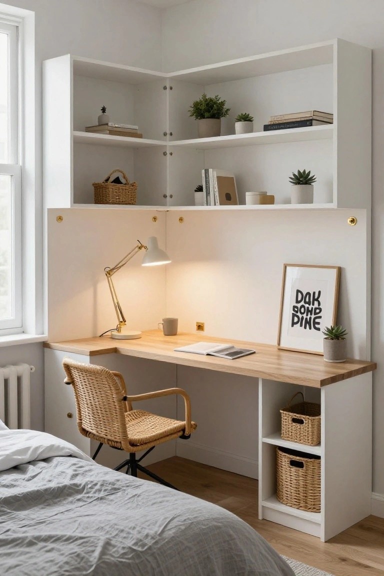 White corner shelving unit in a bedroom with integrated oak desk top, rattan chair, desk lamp, plants, books, and baskets on light wood floor.