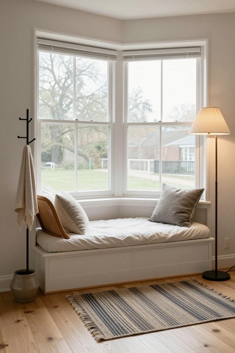 Built-in white window seat bench with neutral pillows, a lamp, coat rack with towel, and potted vase on light wood floors next to a large window overlooking trees and grass.