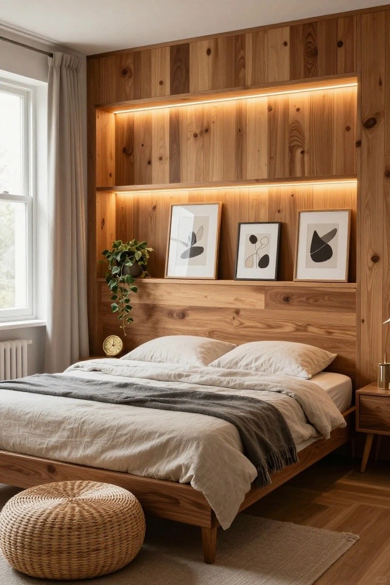 Bedroom featuring a tall wooden plank accent wall with recessed LED lighting illuminating shelves that hold three framed abstract artworks and a potted trailing plant, a low wooden bed with white linens and gray throw, gold clock on bedside table, wicker pouf stool, and beige rug on wooden floor.