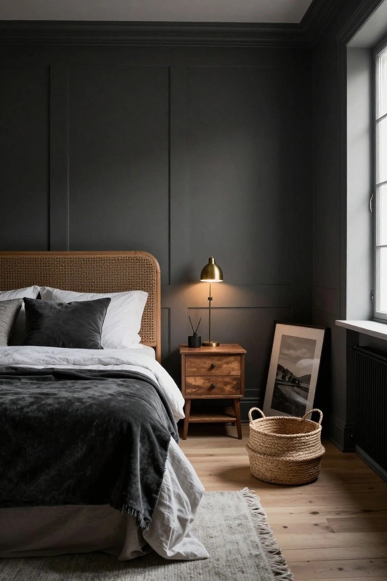 Bedroom interior with dark gray paneled walls, rattan headboard bed draped in gray bedding and white sheets, wooden nightstand holding a gold lamp and plant, leaning black-and-white photo frame, wicker basket on hardwood floor, and window with radiator.