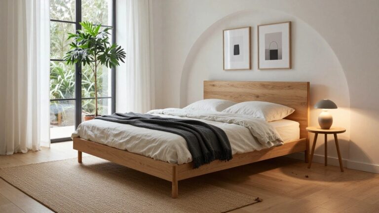 23 Scandinavian Bedroom Ideas Scandinavian bedroom with low oak bed frame covered in white linen bedding and gray throw, tall potted fiddle leaf fig plant by window with sheer curtains, two abstract framed prints on arched wall niche above bed, bedside lamp on wood side table, herringbone oak floor.