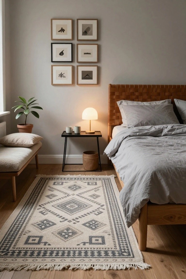 Bedroom interior with a wall of six framed black ink abstract drawings above a rattan headboard bed with gray linen bedding, bedside table with lamp and cups, potted plant, bench, black metal table, woven rug, and wooden floor.