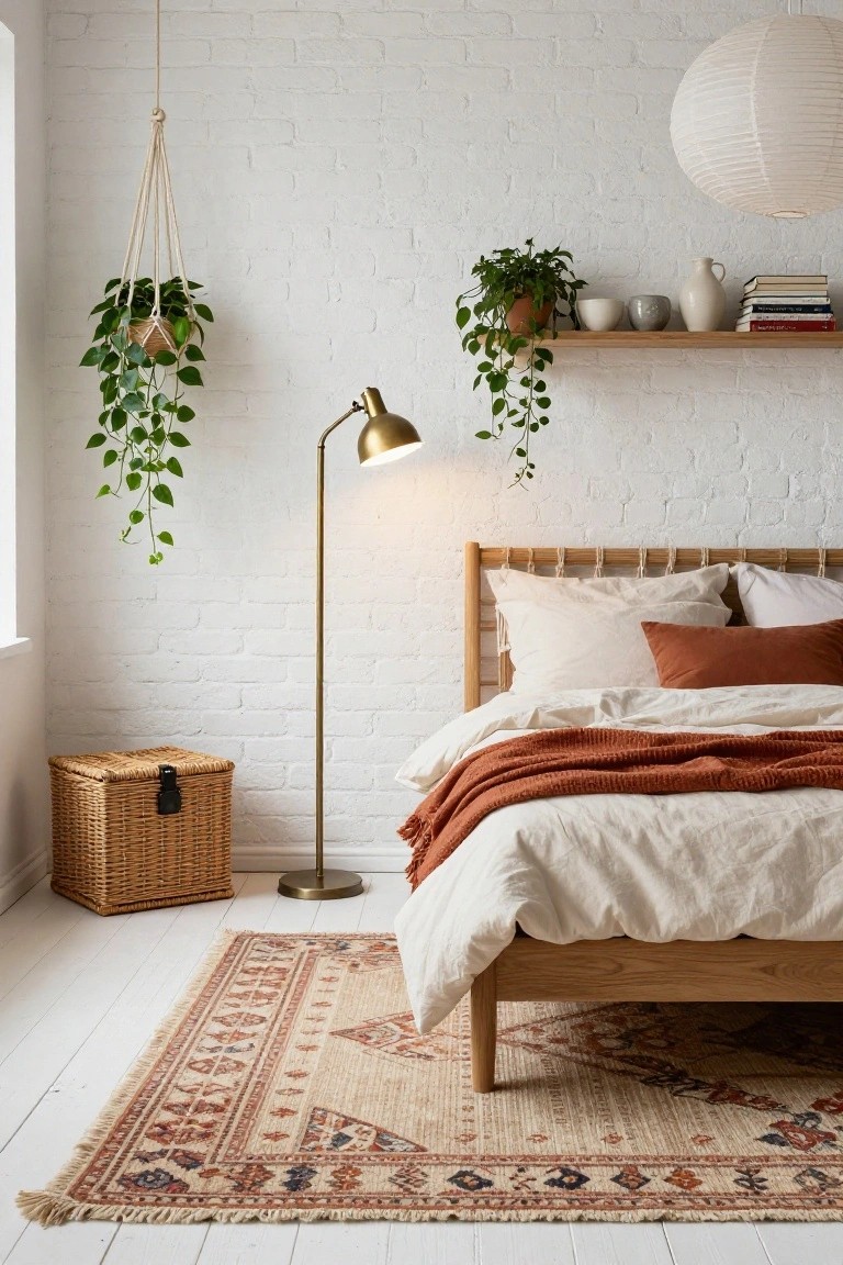 A Scandinavian bedroom with white brick walls, wooden rope-detailed bed frame, white bedding topped with rust pillows and throw, multiple hanging and potted plants, gold floor lamp, floating shelf with ceramics and books, wicker basket, and patterned beige rug on white floor.