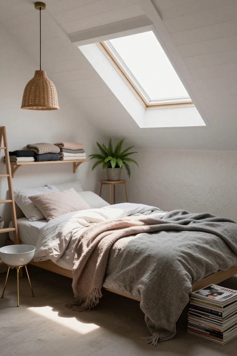 Attic bedroom with sloped white ceiling and skylight, wooden ladder shelf holding folded sweaters and blankets, low wooden bed frame with layered neutral linens and throws, rattan pendant light, potted fern, small side table, and stack of magazines on the floor.