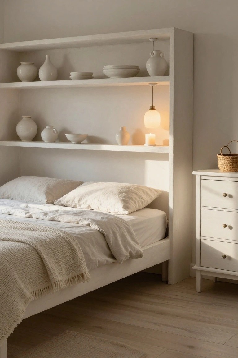 A minimalist bedroom featuring a tall open white wooden shelving unit behind a low white bed with white linen sheets and pillows, shelves displaying white ceramic vases, bowls, and a pendant light, a white nightstand with a woven basket, and light wood floors.