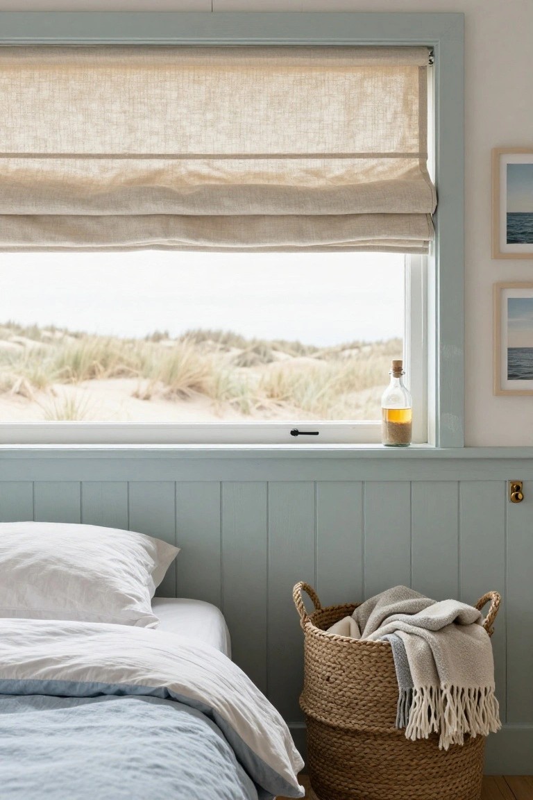 Bedroom interior featuring pale blue vertical paneled walls, a bed with white linen bedding and pillows, a beige linen roman shade on the window overlooking sand dunes and beach grass, a wicker basket holding gray and white throws next to the bed, and a glass bottle containing sand on the windowsill.
