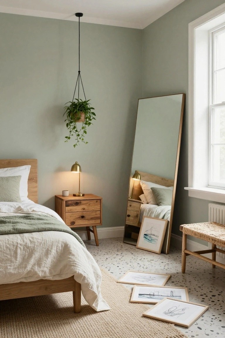 Corner of a bedroom with pale sage green walls, wooden bed with white quilt and green throw, oak nightstand with brass lamp, tall wooden full-length mirror, hanging potted plant, rattan bench, and framed artwork on terrazzo tile floor.