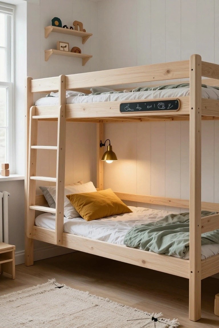 Wooden bunk bed with ladder in a children's bedroom, featuring white bedding and mustard pillow on lower bunk, brass wall lamp, wooden shelves with toys, and chalkboard sign on upper bed frame.