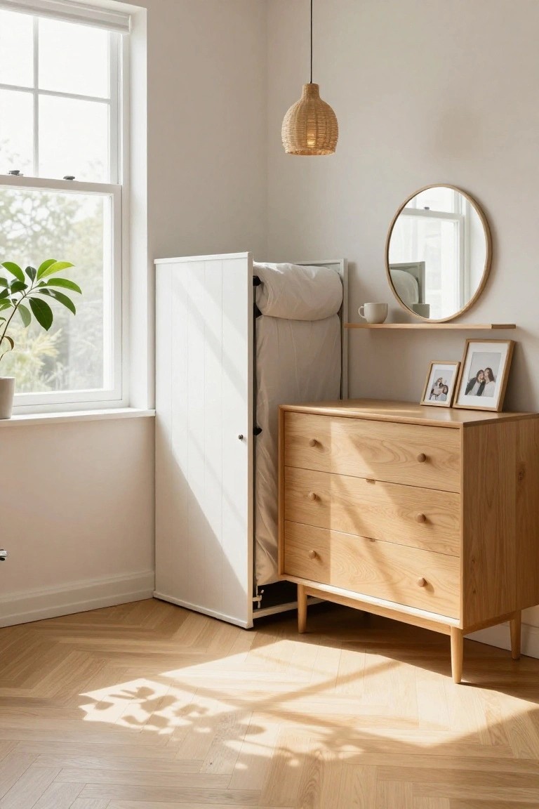 Corner of a sunlit bedroom with white wardrobe containing a folded-down bed and pillow, oak dresser with drawers, round wooden mirror on shelf with photos and mug, potted plant by window, rattan pendant light, and herringbone oak floor.