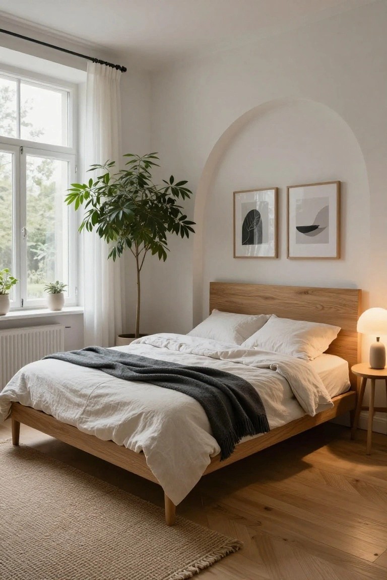 Scandinavian bedroom with low oak bed frame covered in white linen bedding and gray throw, tall potted fiddle leaf fig plant by window with sheer curtains, two abstract framed prints on arched wall niche above bed, bedside lamp on wood side table, herringbone oak floor.