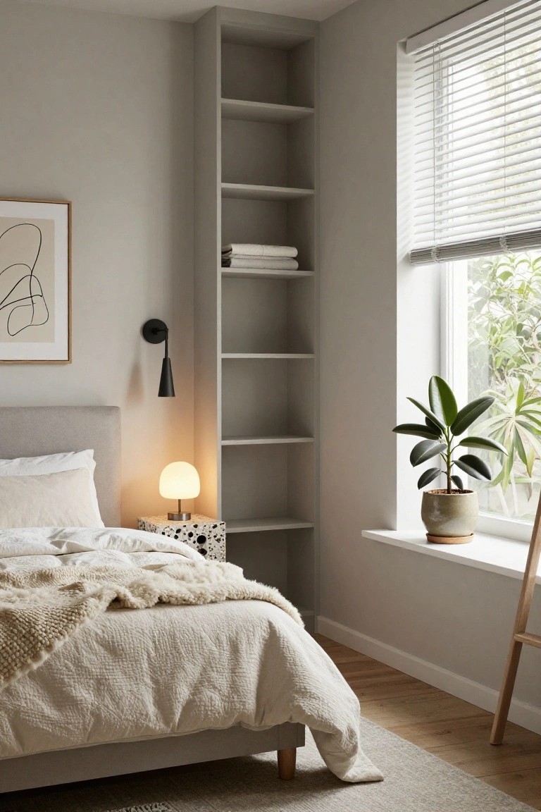 A bedroom with a tall light grey open shelving unit beside the bed, white and cream bedding with a knitted throw, a table lamp on a speckled bedside table, a potted plant on the windowsill with blinds, and a ladder leaning nearby.