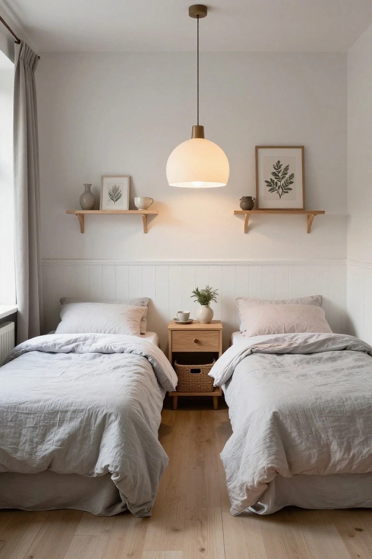 Two twin beds with light gray linen duvets and pillows arranged symmetrically in a white-walled bedroom with oak nightstands, floating wooden shelves holding ceramics and plants, a large white pendant light, and beige curtains over a window.