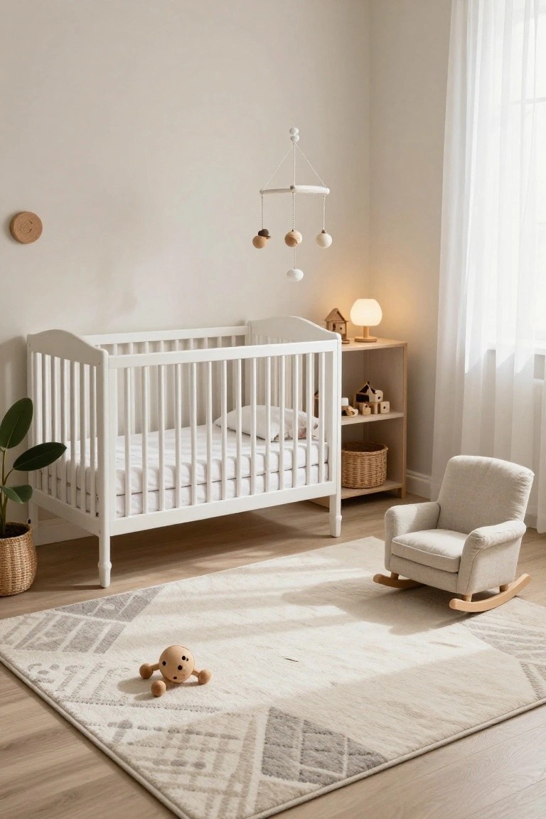 Minimalist nursery with white crib under wooden hanging mobile, wooden shelf holding toys and lamp, potted plant, beige rocking chair, and scattered wooden toys on gray-toned rug in room with light wood floor and sheer curtains.