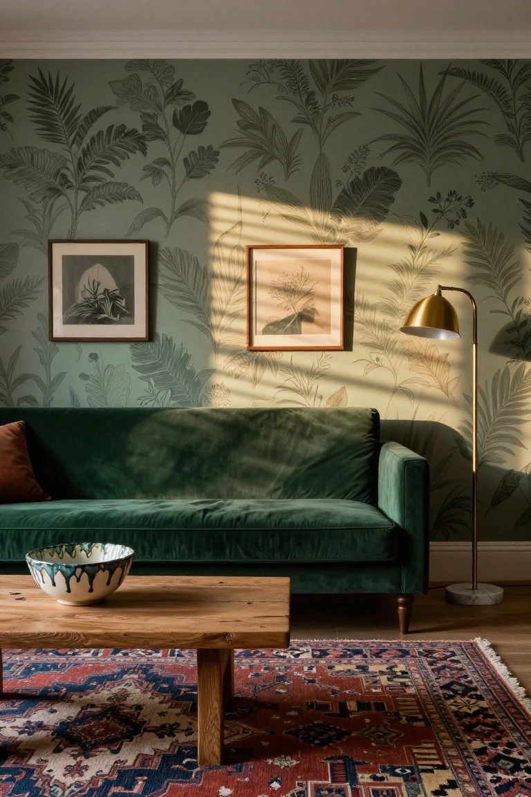 Living room with green palm leaf wallpaper on walls, emerald green velvet sofa, wooden coffee table with white bowl, Persian rug, two framed artworks, gold floor lamp, and sunlight through window blinds.