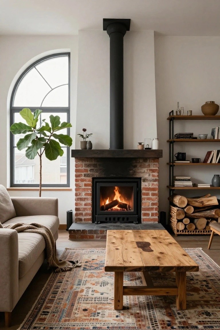 Living room with exposed brick fireplace and wood-burning stove with flames, large potted ficus plant by arched black-framed window, beige sofa with throw, wooden coffee table, stacked logs in basket, and open shelves on white wall.