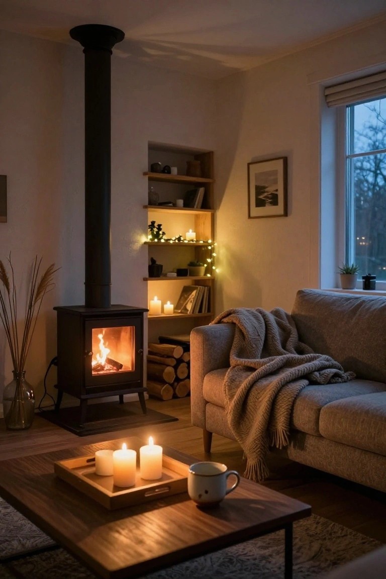 Scandinavian living room with black freestanding wood stove showing flames and logs, gray sofa with knitted throw, wooden coffee table with white candles and white mug, shelves with fairy lights and plants, pampas grass vase, and window with rolled-up blinds at dusk.