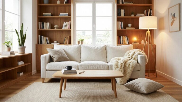 Bright living room with white sofa draped in sheepskin throw, low rectangular wooden coffee table holding stacked books, wooden bookshelves with ceramics and books, tripod floor lamp, potted plants near large multi-pane windows showing trees outside, light wood floor and beige rug.