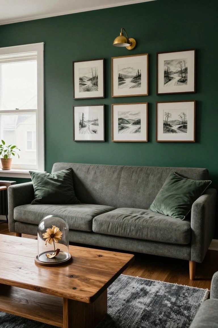 Living room with deep green walls, gray sofa topped with green velvet pillows, wooden coffee table displaying a glass dome over a dried flower, and a grid of six framed black and white landscape ink drawings.