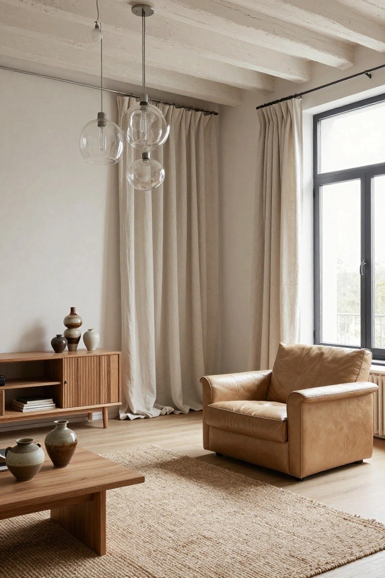 A light-filled living room with exposed wooden ceiling beams, sheer beige curtains on large windows, a tan leather armchair, slatted wooden credenza and coffee table holding ceramic vases, seagrass rug, and clustered glass pendant lights.