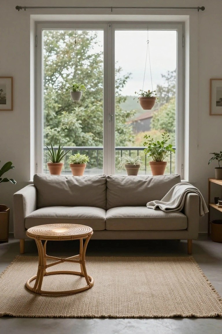 Minimalist living room featuring a light gray sofa, rattan coffee table on seagrass rug, wooden shelves, and various potted plants on windowsills and hanging near large windows with a view of trees and balcony.