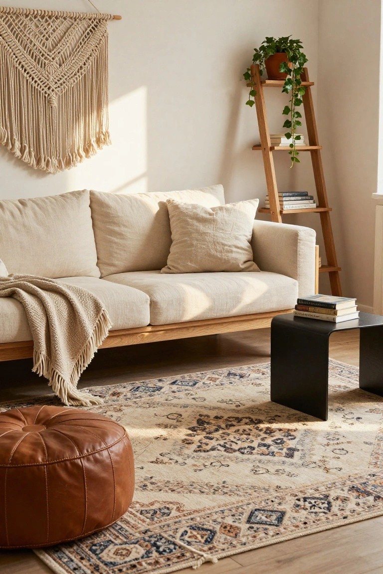 Bright living room with cream macrame wall hanging, wooden ladder shelf displaying trailing ivy plant, books, and pots, beige linen sofa with pillows and knit throw, tan leather pouf, black side table with stacked books, and blue-beige patterned rug on light hardwood floor.
