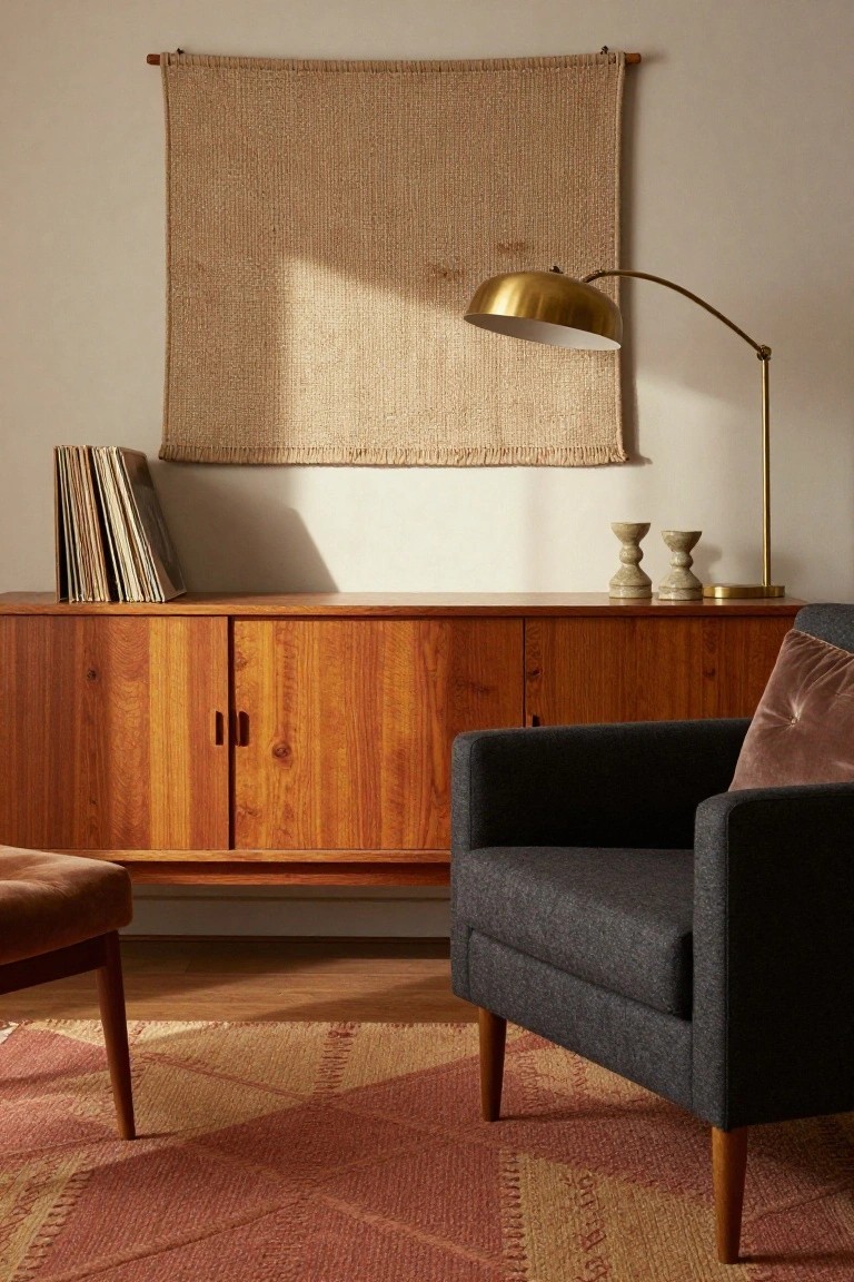 A Scandinavian-style living room with a low teak credenza holding stacked vinyl records, flanked by two ceramic candlesticks and a brass arc lamp, beige woven wall hanging above, gray armchair with mauve pillow in front, and red-and-beige geometric rug on wood floor.
