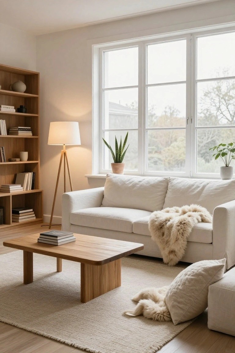 Bright living room with white sofa draped in sheepskin throw, low rectangular wooden coffee table holding stacked books, wooden bookshelves with ceramics and books, tripod floor lamp, potted plants near large multi-pane windows showing trees outside, light wood floor and beige rug.