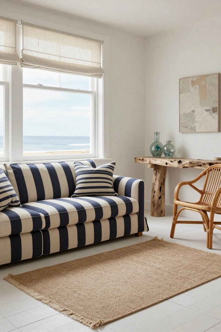 Living room interior with navy and white striped sofa, driftwood console table holding blue glass vases, rattan armchair, seagrass rug, linen shades on windows overlooking ocean and beach.