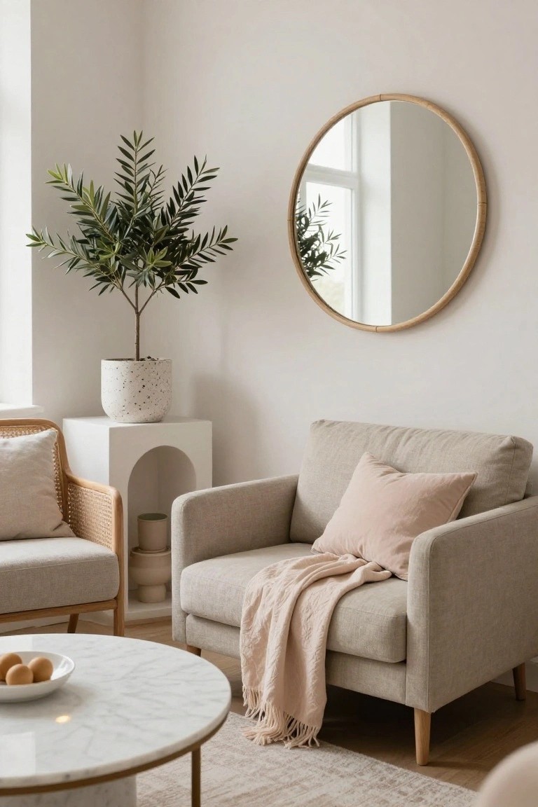 Cozy living room corner with tall potted olive tree on white pedestal table, round wood-framed mirror on wall, beige armchair with pink throw and pillow, rattan chair, and marble-top coffee table holding eggs on beige rug.