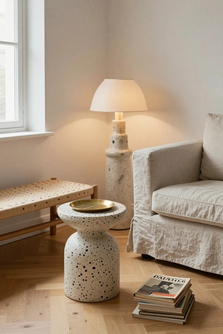 Living room corner with cream linen sofa, speckled white ceramic drum stool topped with brass tray, tall ceramic lamp, woven bench, and stack of books on herringbone parquet floor.