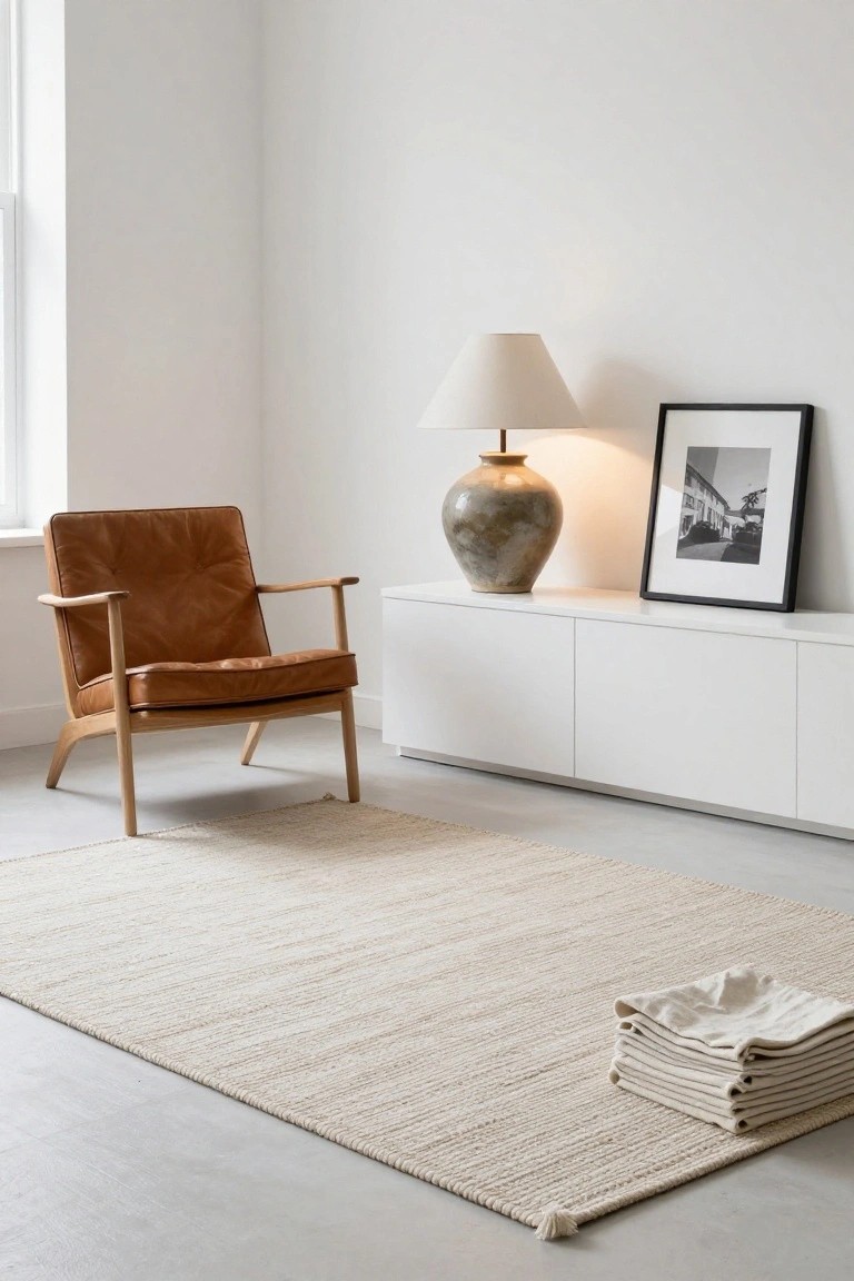 Tan leather armchair on a beige seagrass rug in a white room with white cabinets, ceramic vase lamp, and black-framed photo on the wall.