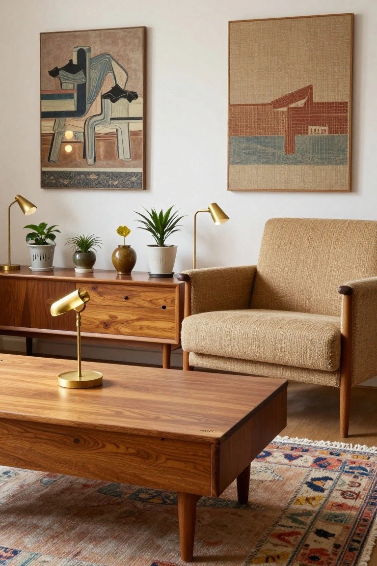 A living room interior with a wooden credenza holding potted plants and lamps, a beige upholstered armchair, wooden coffee table, two abstract paintings on white walls, floor lamps, and a patterned rug.