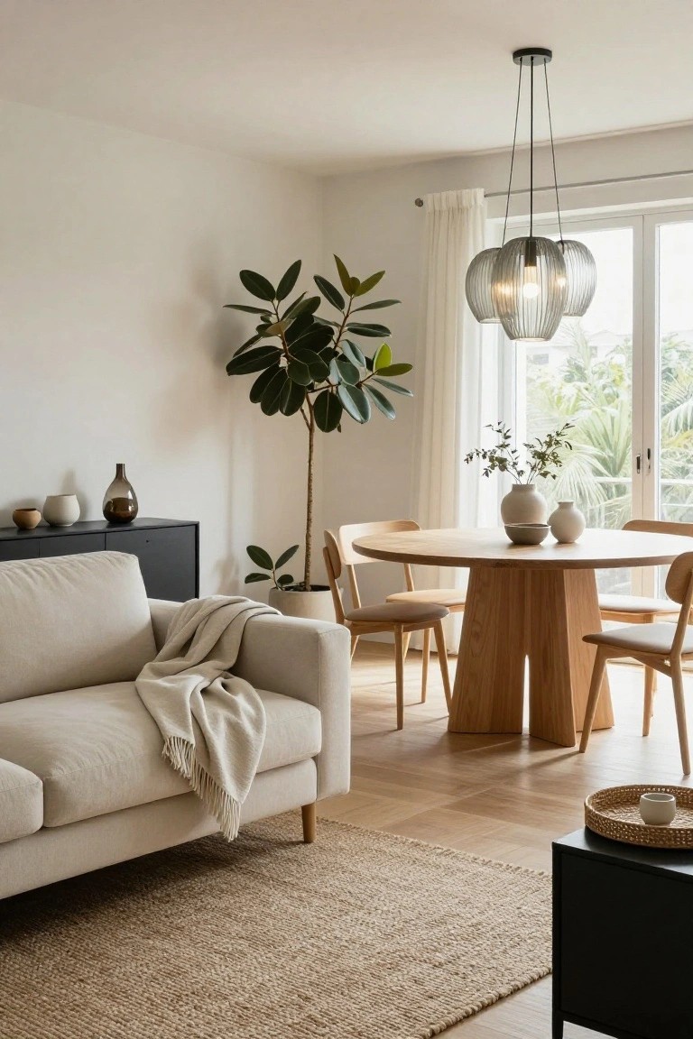 Light Scandinavian living room with cream sofa draped in a throw, round light oak dining table and four chairs, tall potted ficus tree, black credenzas with ceramics, seagrass rug, and three smoked glass pendant lights.