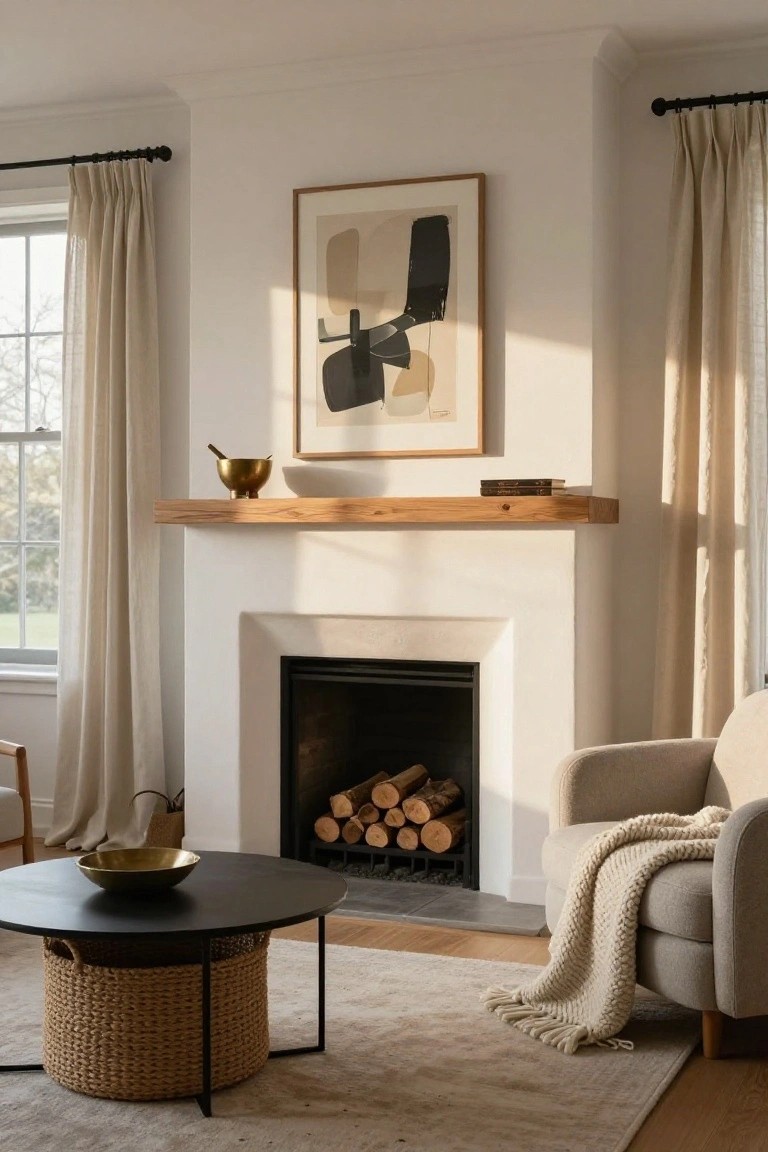 Wood Mantels Over White Fireplaces