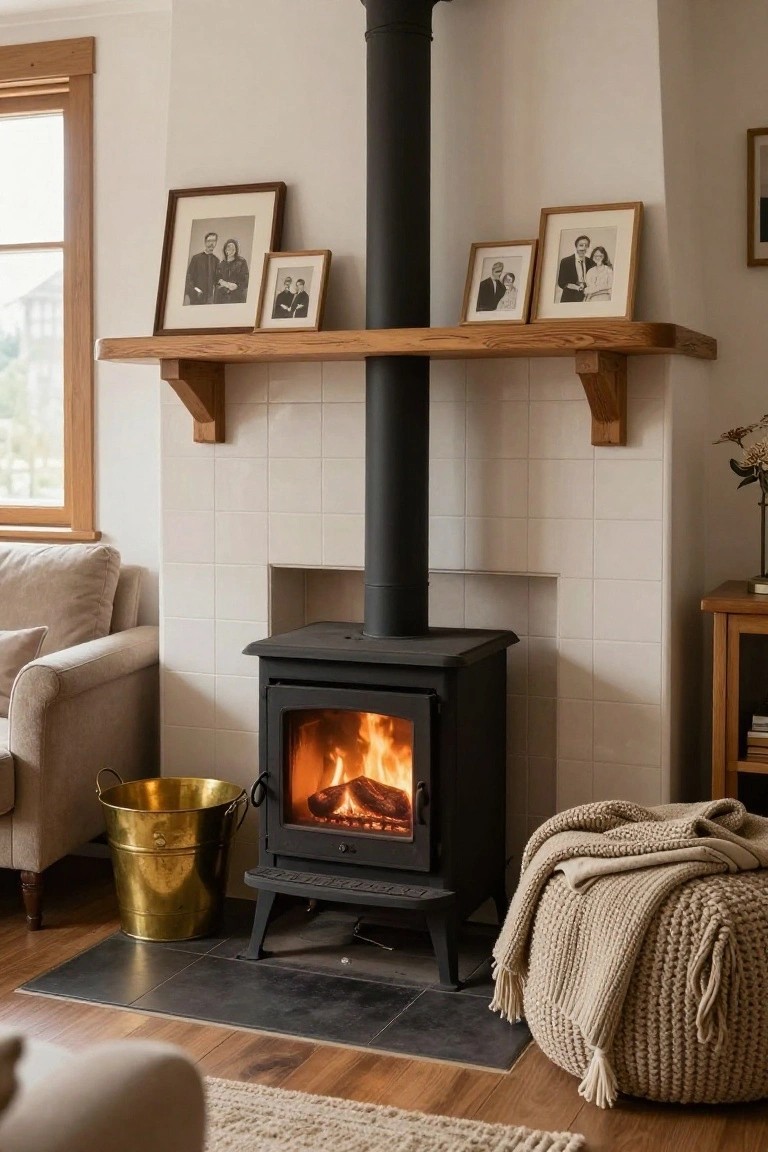 Living room with black freestanding wood-burning stove lit with fire, set into white tiled wall with oak shelves above holding framed black-and-white family photos, beige sofa to the left, brass log basket, knitted pouffe with throw, and wooden floor.