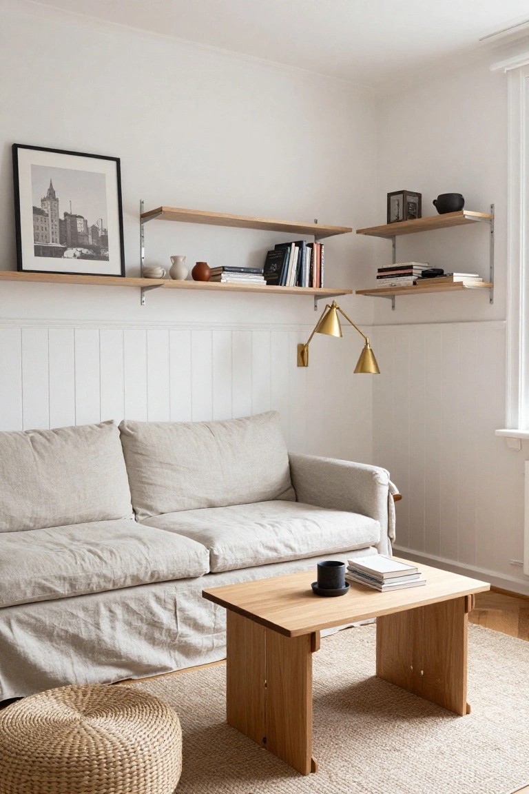 A minimalist living room corner with a light gray linen sofa, wooden coffee table holding books and a mug, rattan pouf on a seagrass rug, floating wooden shelves with books ceramics and pottery above white paneled walls, and a black and white cityscape photo.