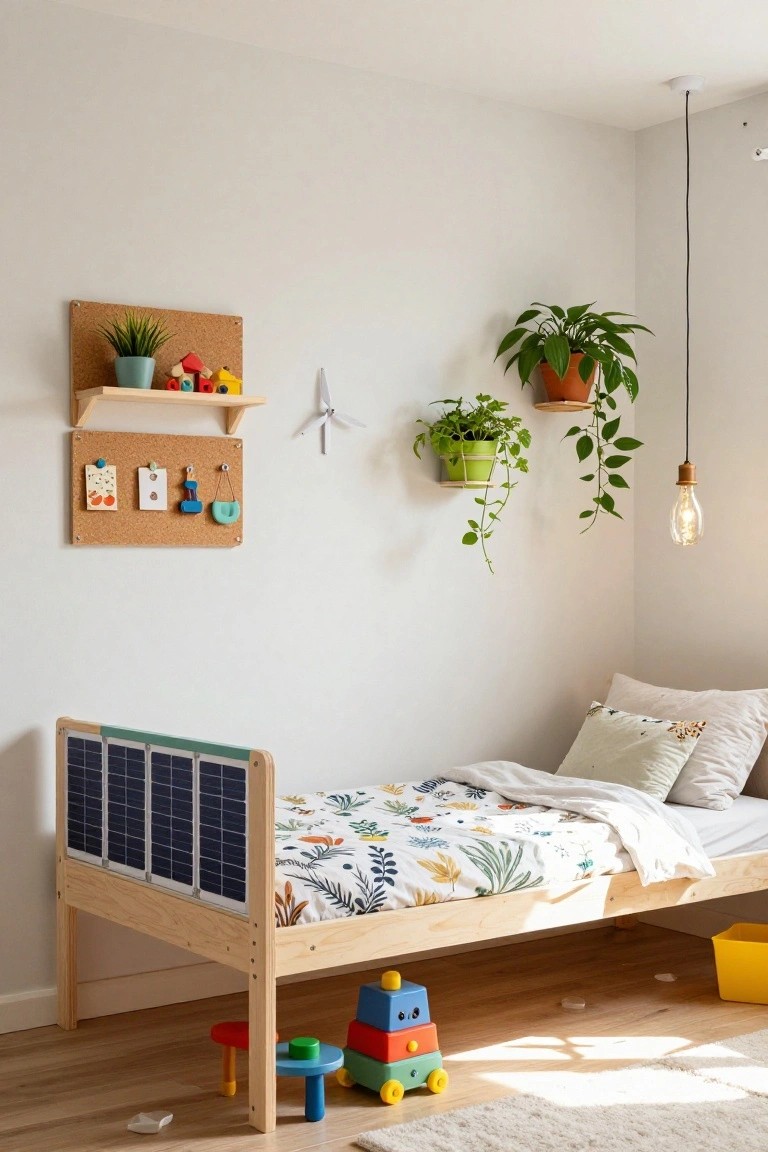 A child's wooden bed with dark solar panels integrated into the headboard, in a bright room with plants on shelves, hanging greenery, toys on the floor, and a pendant light.