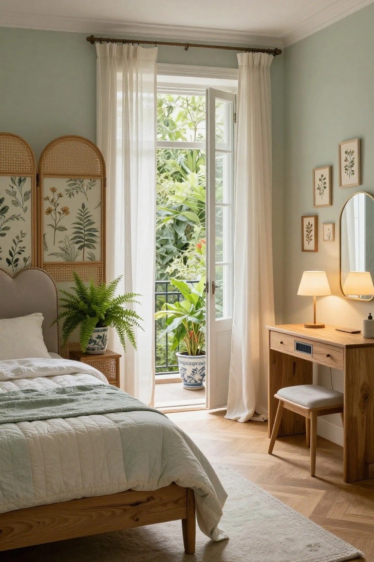 Bedroom with sage green walls, light wooden bed draped in green quilt, rattan screens with botanical fabric panels, wooden desk and stool, potted ferns, and open French doors to lush balcony plants.