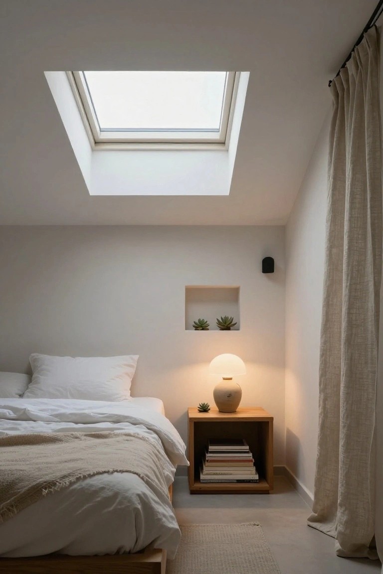 Minimalist bedroom featuring a low wooden platform bed with white sheets and beige throw, wooden nightstand holding a ceramic lamp and small plant, two succulents in a wall niche, sloped white walls with skylight overhead, linen curtain on one side, and light wood floor with seagrass rug.