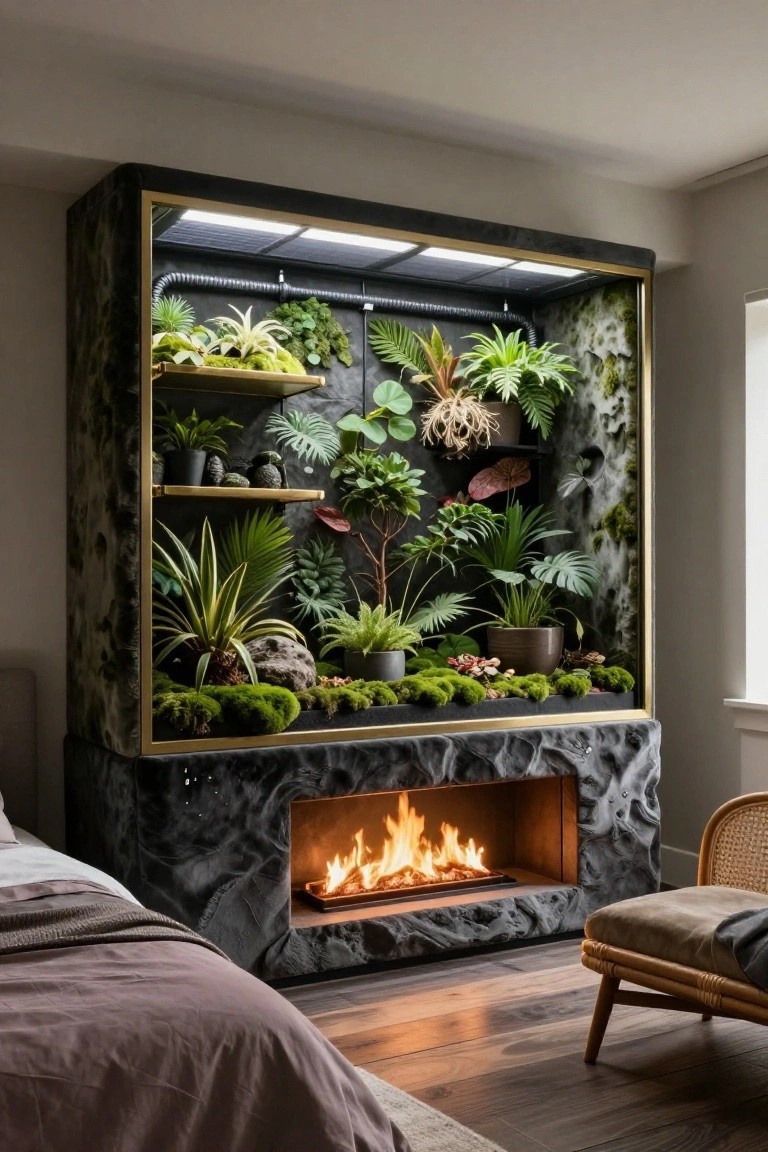 Modern bedroom with a tall black and gold framed vivarium wall filled with tropical plants, moss, rocks, and shelves, positioned beside a sculptural black fireplace, a bed, and rattan chairs on a wood floor.