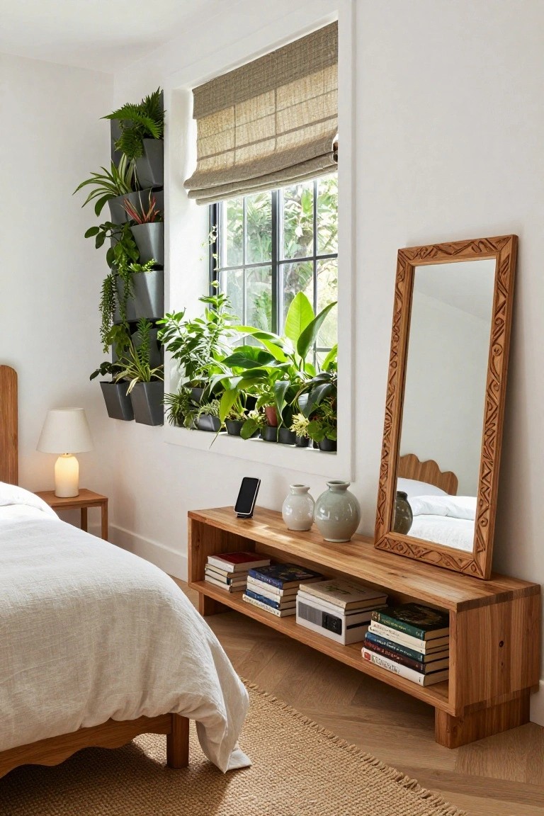 Bright bedroom with white linen bed on wooden frame, bedside lamp on wood table, low wooden media console holding books and gray vases, tall carved wooden full-length mirror, and vertical black wall-mounted planters with various green houseplants next to large window with bamboo shades and outdoor greenery visible.