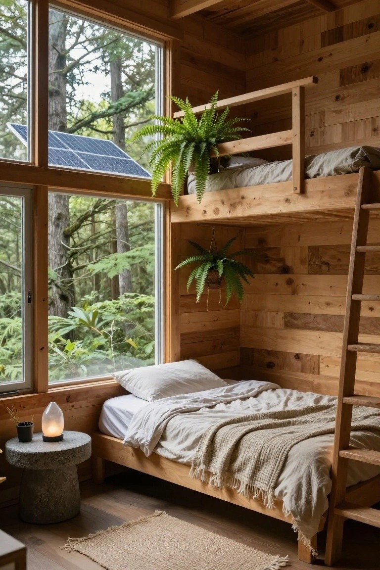 Wooden bunk bed built into corner of cabin bedroom with lower single bed, white linens, hanging ferns, large windows showing forest and solar panel, stone side table with lamp.