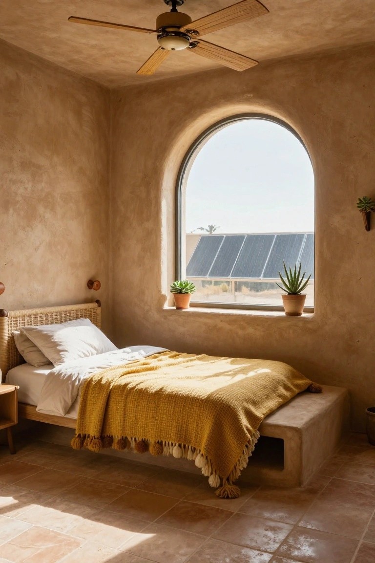Sunlit bedroom interior with curved beige textured clay walls, terracotta tile floor, low platform bed with rattan headboard white sheets and yellow tassel-edged blanket, arched window showing solar panels desert landscape and potted plants, wooden ceiling fan.
