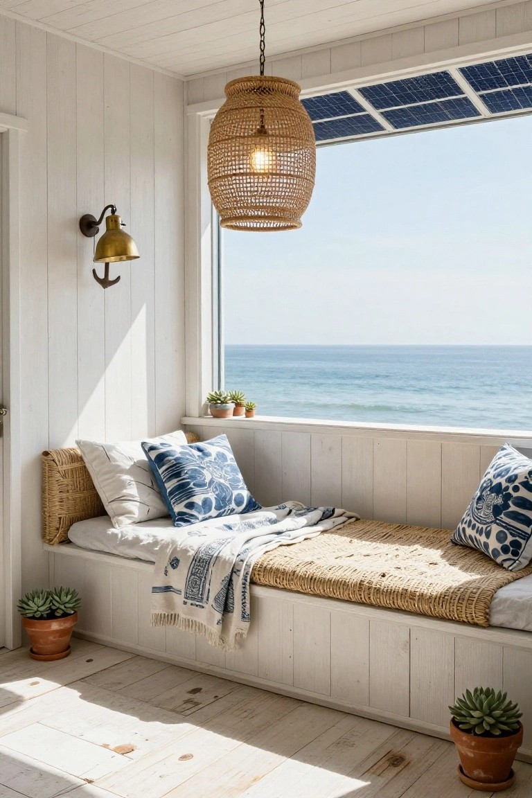 White shiplap-walled room with built-in rattan daybed by large ocean-view window, blue solar panels on roof above, hanging rattan lamp, brass wall sconce with anchor, blue cushions, woven throw, and potted succulents.