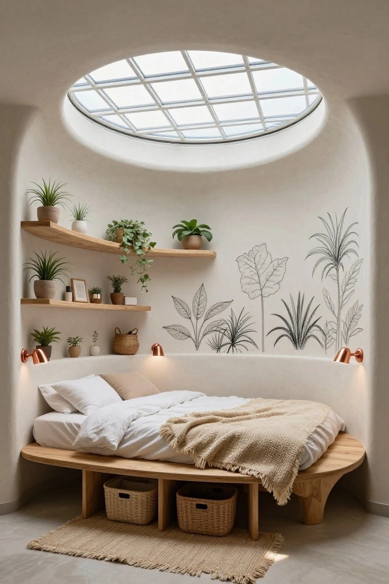 Curved white plaster bedroom interior with built-in wooden bed platform, curved wooden shelves holding plants, potted greenery, beige rug, and circular skylight in the ceiling.