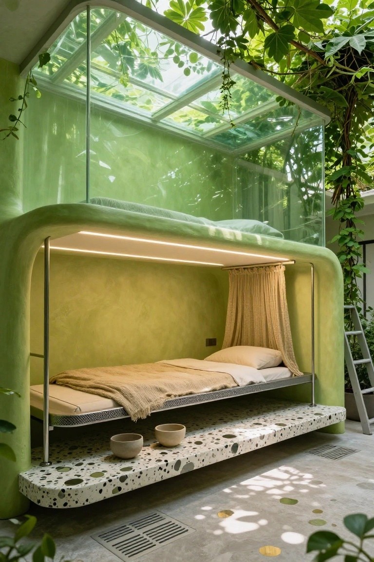 Curved lime-green pod structure enclosing an elevated metal bed frame with beige sheets, pillows, and throw draped in sheer curtains, glass walls overgrown with vines, two ceramic bowls on speckled white platform below.