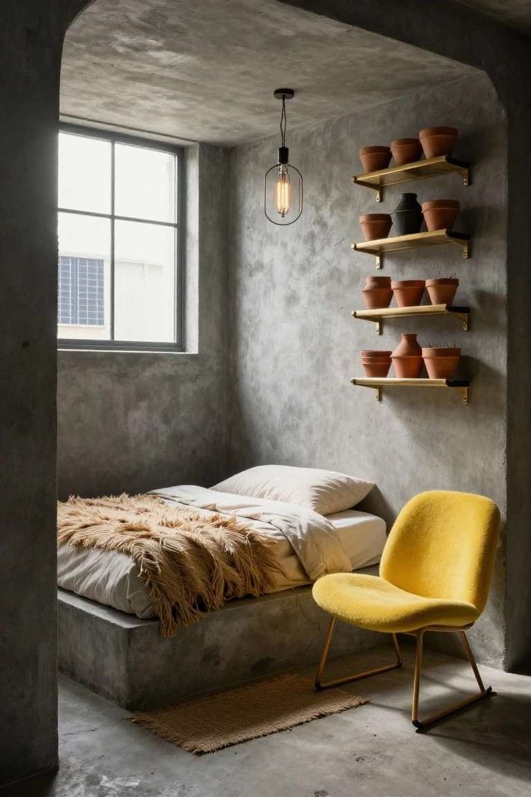 A small bedroom featuring exposed gray concrete walls, arched ceiling, floor, and low platform bed with white bedding and beige fur throw, yellow upholstered chair, brass wall shelves with terracotta pots, pendant light, and large window.