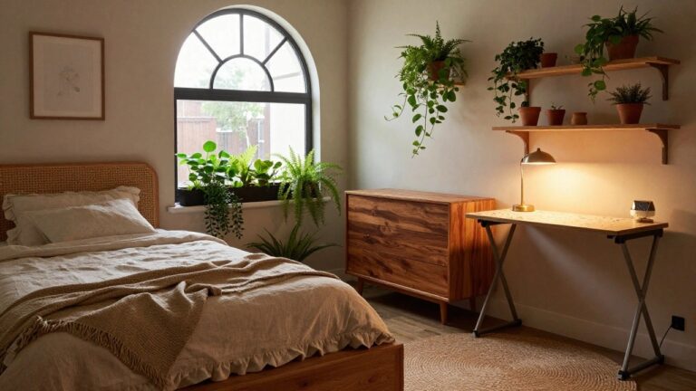 Cozy bedroom corner featuring a rattan headboard bed with beige linens, wooden shelves and cork racks filled with various potted plants around arched windows, warm lamp lighting, and a seagrass rug on hardwood floors.