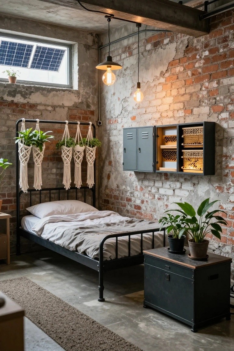 Exposed brick industrial bedroom with black metal bed frame supporting macrame hanging planters filled with greenery, open grey metal wall cabinets containing beehives, solar panels on a small window, potted plants, and wooden side table on concrete floor.